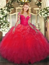 Floor Length Ball Gowns Long Sleeves Red Ball Gown Prom Dress Lace Up