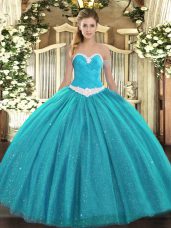 Adorable Sweetheart Sleeveless Tulle Quinceanera Gown Appliques Lace Up