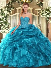 Teal Ball Gowns Beading and Ruffles and Pick Ups Sweet 16 Quinceanera Dress Lace Up Organza Sleeveless Floor Length