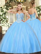 Flirting Aqua Blue Sleeveless Floor Length Beading Lace Up 15th Birthday Dress