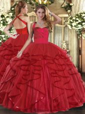 Super Ball Gowns Vestidos de Quinceanera Wine Red Halter Top Tulle Sleeveless Floor Length Lace Up