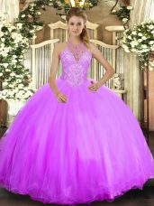 Custom Fit Lilac Ball Gowns Beading Vestidos de Quinceanera Lace Up Tulle Sleeveless Floor Length