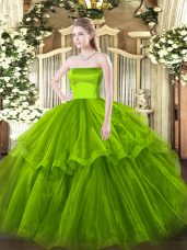 Olive Green Sleeveless Tulle Brush Train Zipper Quinceanera Dress for Military Ball and Sweet 16 and Quinceanera