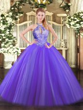 Cute Purple Tulle Lace Up Halter Top Sleeveless Floor Length Quinceanera Gowns Sequins