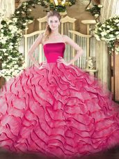 Modest Hot Pink Tulle Zipper Strapless Sleeveless Quinceanera Dress Brush Train Ruffled Layers