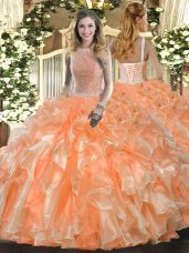 Orange Red Ball Gown Prom Dress Military Ball and Sweet 16 and Quinceanera with Beading and Ruffles High-neck Sleeveless Lace Up