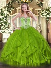 Custom Designed Ball Gowns Vestidos de Quinceanera Olive Green Sweetheart Organza Sleeveless Lace Up