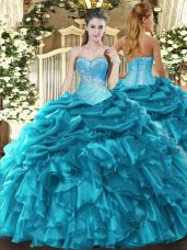 Sweet Sweetheart Sleeveless Sweet 16 Quinceanera Dress Floor Length Beading and Ruffles and Pick Ups Teal Organza