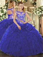 Comfortable Organza Cap Sleeves Floor Length Vestidos de Quinceanera and Beading and Ruffles