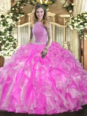 Hot Selling Rose Pink Ball Gowns Organza High-neck Sleeveless Beading and Ruffles Floor Length Lace Up Quinceanera Gown