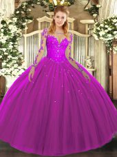 Long Sleeves Floor Length Lace Lace Up Ball Gown Prom Dress with Fuchsia