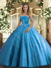 Elegant Baby Blue Tulle Lace Up Sweet 16 Quinceanera Dress Sleeveless Floor Length Beading and Appliques