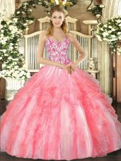Coral Red Straps Lace Up Beading and Ruffles Sweet 16 Dress Sleeveless