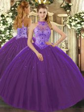Purple Lace Up Halter Top Beading and Appliques and Embroidery Quinceanera Dress Tulle Sleeveless
