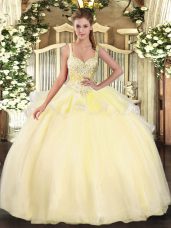 Amazing Gold Straps Lace Up Beading Quinceanera Dress Sleeveless