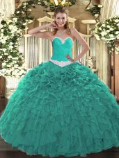 Glorious Appliques and Ruffles Sweet 16 Quinceanera Dress Turquoise Lace Up Sleeveless Floor Length