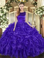 Dramatic Purple Sleeveless Ruffles Floor Length Quince Ball Gowns