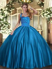 Customized Sleeveless Satin Floor Length Lace Up Quinceanera Dresses in Blue with Ruching