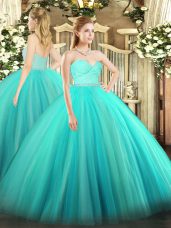 Turquoise Sleeveless Floor Length Beading and Lace Zipper Sweet 16 Quinceanera Dress