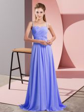 Spaghetti Straps Sleeveless Prom Party Dress Sweep Train Ruching Lavender Chiffon