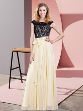 Glittering Champagne Scoop Lace Up Lace and Belt Party Dress Sleeveless