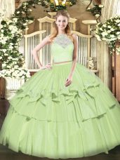 Scoop Sleeveless Zipper 15 Quinceanera Dress Olive Green Organza