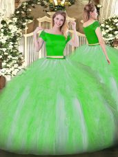 Green Short Sleeves Tulle Zipper Quinceanera Gown for Military Ball and Sweet 16 and Quinceanera
