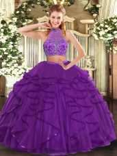 Stunning Purple Two Pieces Tulle Halter Top Sleeveless Beading and Ruffled Layers Floor Length Criss Cross 15th Birthday Dress