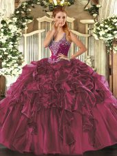 Ball Gowns Quince Ball Gowns Burgundy Straps Organza Sleeveless Floor Length Lace Up