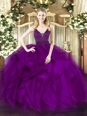 Sweet Purple Ball Gowns Beading and Ruffles Quinceanera Dresses Zipper Organza Sleeveless Floor Length