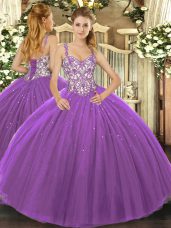 Comfortable Straps Sleeveless Tulle Quinceanera Dresses Beading and Appliques Lace Up