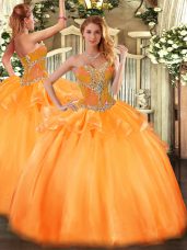 Tulle Sweetheart Sleeveless Lace Up Beading Sweet 16 Quinceanera Dress in Orange