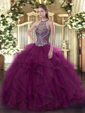 Fuchsia Sleeveless Beading Floor Length Quinceanera Dresses