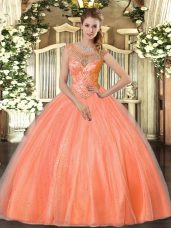 Modern Floor Length Lace Up Quinceanera Gowns Orange Red for Sweet 16 and Quinceanera with Beading
