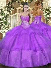 Fantastic Lilac Tulle Lace Up Sweetheart Sleeveless Floor Length 15 Quinceanera Dress Beading and Ruffled Layers