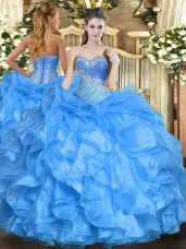 Sweetheart Sleeveless Sweet 16 Dress Floor Length Beading and Ruffles Baby Blue Organza