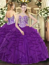 Custom Fit Purple Tulle Lace Up 15 Quinceanera Dress Sleeveless Floor Length Beading and Ruffles