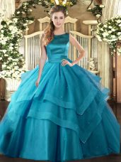 Amazing Teal Ball Gowns Tulle Scoop Sleeveless Ruffled Layers Floor Length Lace Up Quinceanera Gown