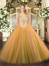 Modern Tulle V-neck Sleeveless Lace Up Beading 15th Birthday Dress in Gold
