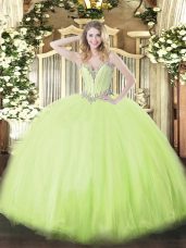 Yellow Green Tulle Lace Up Sweet 16 Dress Sleeveless Floor Length Beading