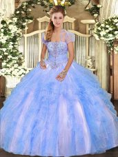 Edgy Baby Blue Tulle Lace Up Quinceanera Dresses Sleeveless Floor Length Appliques and Ruffles