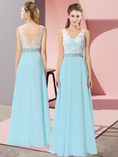 Ideal Floor Length Aqua Blue Prom Dresses Chiffon Sleeveless Beading