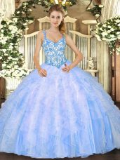 Floor Length Ball Gowns Sleeveless Baby Blue Sweet 16 Dresses Lace Up