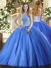High-neck Sleeveless Lace Up Ball Gown Prom Dress Baby Blue Tulle
