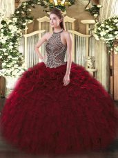 Halter Top Sleeveless Quinceanera Dress Floor Length Beading and Ruffles Wine Red Organza