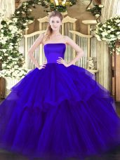Classical Blue Ball Gowns Ruffled Layers 15 Quinceanera Dress Zipper Tulle Sleeveless