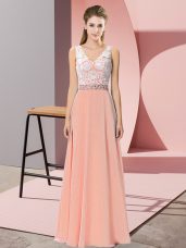Unique Sleeveless Chiffon and Lace Floor Length Backless Homecoming Dress in Peach with Beading