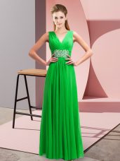 Customized Floor Length Green Prom Gown Chiffon Sleeveless Beading and Ruching