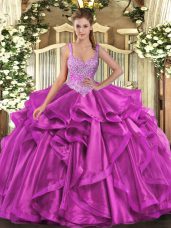 Colorful Floor Length Fuchsia Quinceanera Dresses Organza Sleeveless Beading and Ruffles