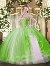 Yellow Green Ball Gowns Tulle Sweetheart Sleeveless Beading and Ruffles Floor Length Lace Up Quinceanera Gown